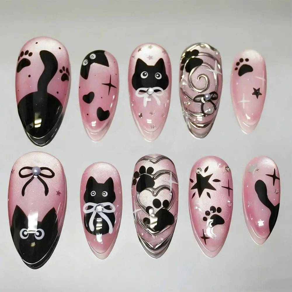 New Style Christmas & Valentine’s Day Detachable False Nails, Black Cat Print Almond Cat Eye Press On Nails, Bowknot Rhinestone Reusable Nail Art Pieces for Daily Dates, Parties, Travel & Casual Outings
