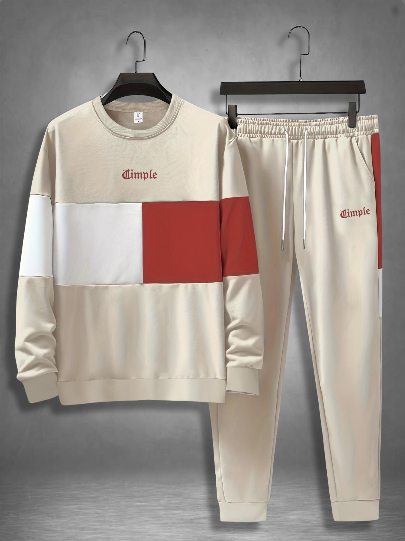 Men's Colorblock Print Sweatshirt & Pants Loungewear Two-piece Set, Casual Comfy Long Sleeve Pullover & Jogger Pants, Men's Sleepwear for Spring & Fall, Homewear