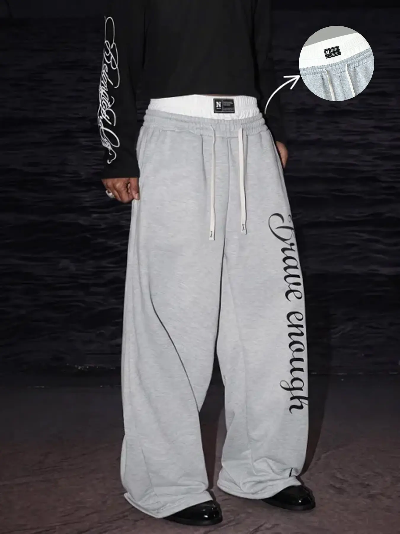 Chicano Aesthetic Wide-Leg Sweatpants, Dual Layer Waistband, Loose Fit, Letter Print, Drawstring, Men's Oversize Hip-Hop Boarding Pants