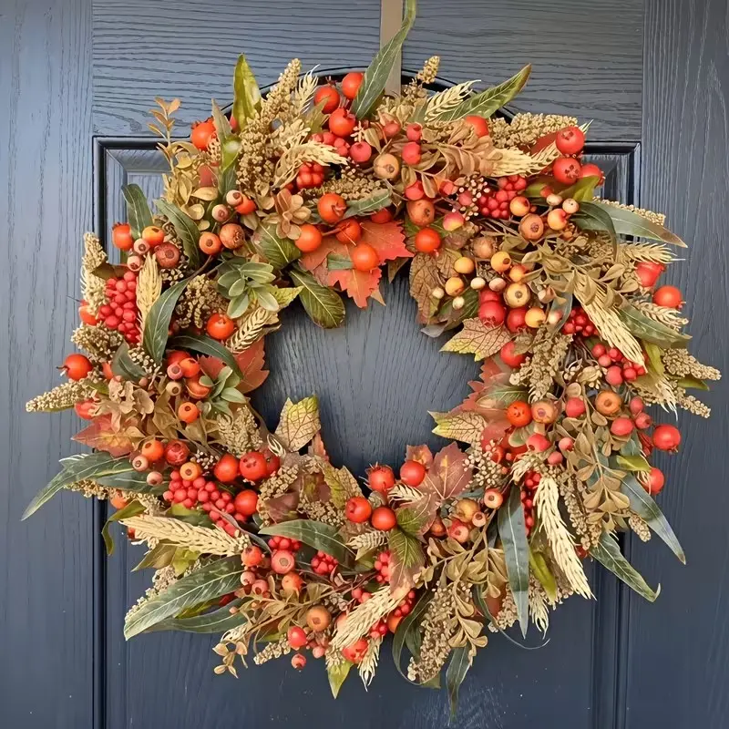 Fall Wreath for Front Door, 17.72 Inches, Handmade Harvest Theme, Berries, Straw, Leaves, Wall Decor, Thanksgiving Decoration