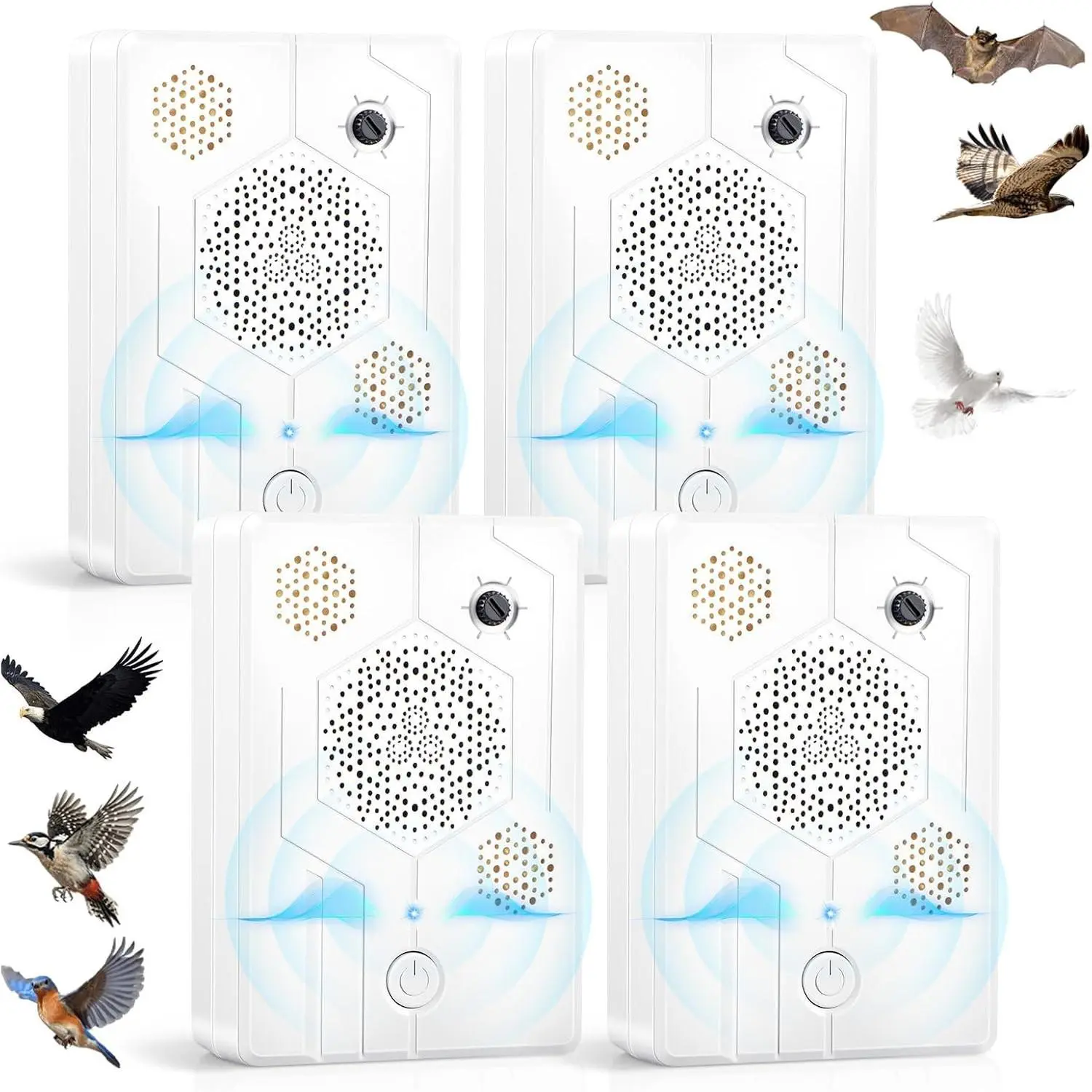 4Pack Upgraded Bat Deterrent Devices & Ultrasonic Bird Repellent Outdoor Rechargeable Woodpecker Pigeon Deterrent to Keep Birds Bats Out of Attic Porch Balconies Indoor