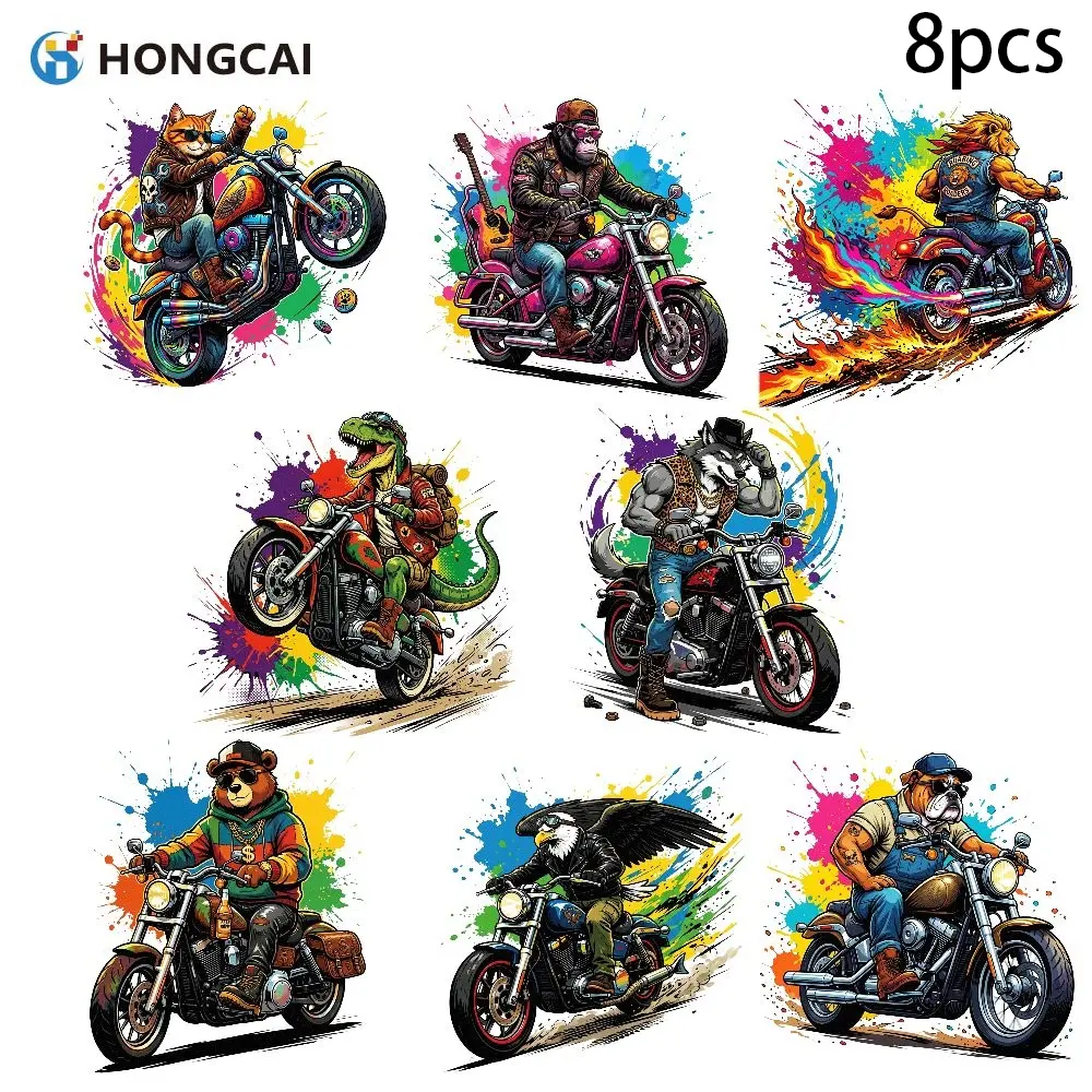 8 Pcs Assorted Animal Motorcycle Heat Transfer Vinyl Set, Repeated Wash Resistant & Anti-Fade, Easy Transfer & Peel HTV For Motorcycle Club T-Shirts DIY