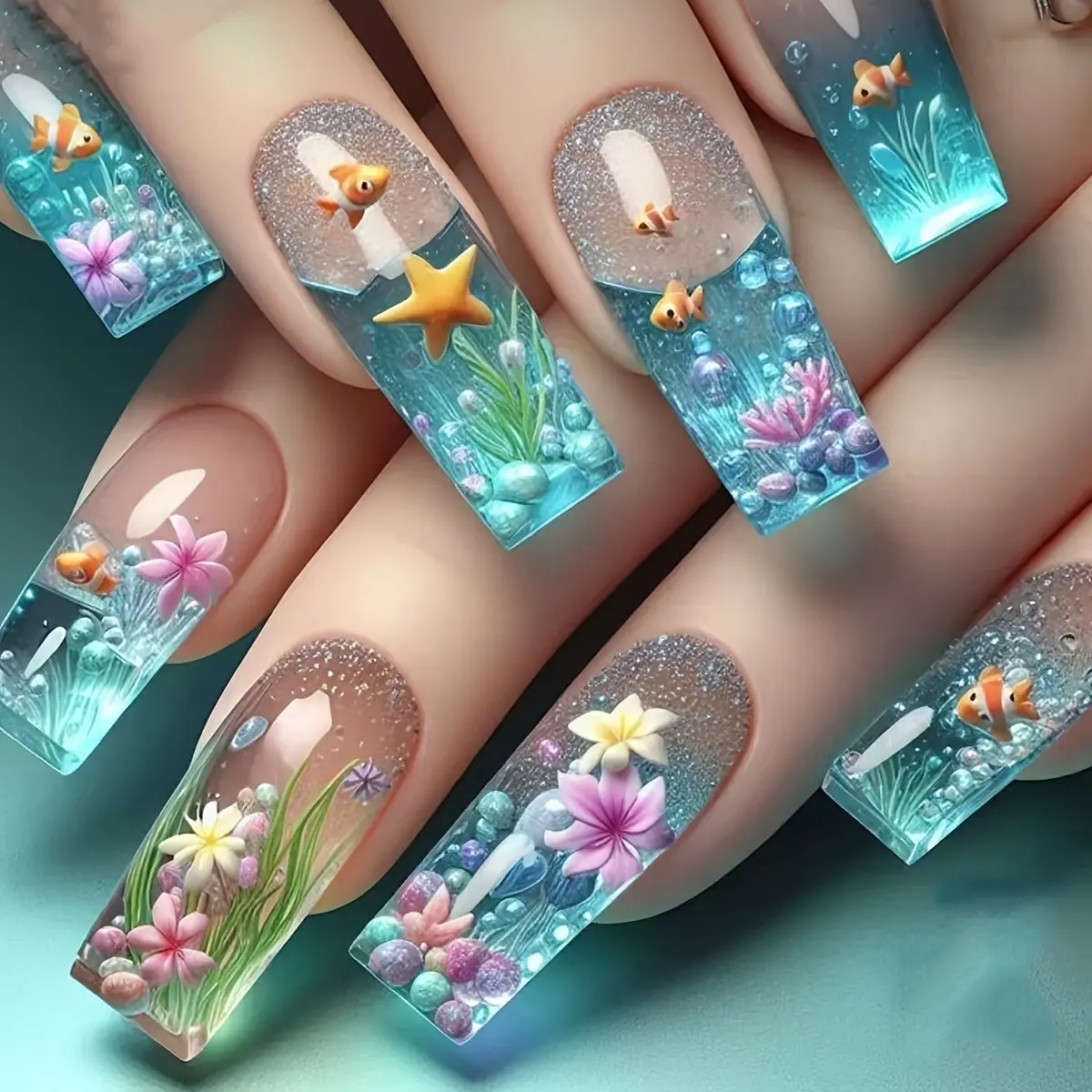 Women's 3D Ocean Fish Coral Flower Press On Nails Nail Pack, Long Coffin Shape, Trendy Summer Fashion Accessory