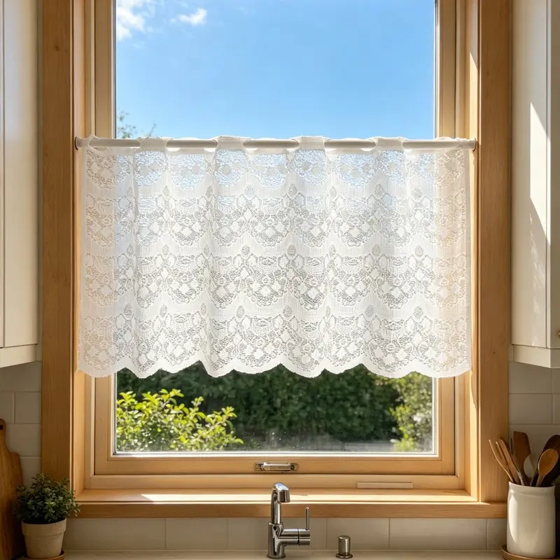 Rustic Style Lace Curtain, Half-Length Wavy Hem, No-Drill Installation, Easy Install Curtain, Small Window Decor, Fresh Country Style, Single Piece, Kitchen Curtains