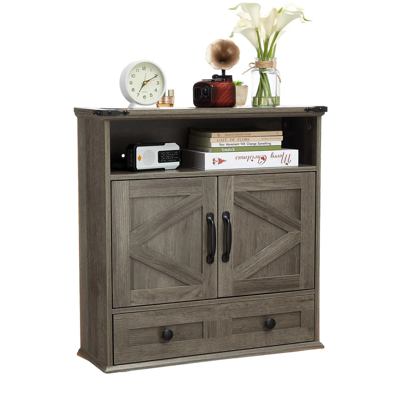 GARVEE Wall Mounted Farmhouse Medicine Cabinet, 5-Tier Bathroom Storage Cabinet with Barn Doors, Drawers and Adjustable Shelf, Multipurpose Wall Cabinet for Bathroom, Kitchen, Living Room