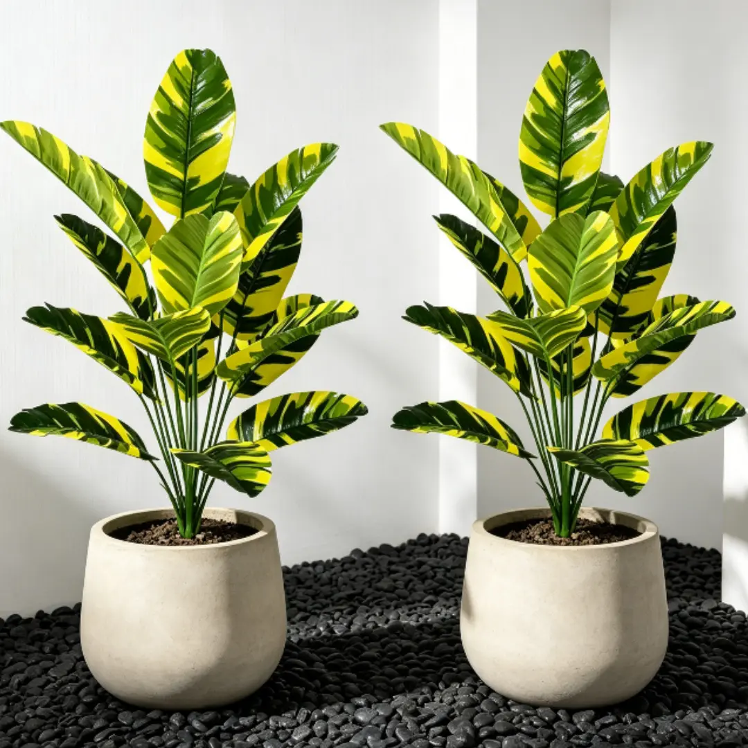 2-Pack 28in Variegated Banana Plant Large High-Quality Artificial Variegated Bird of Paradise, Faux Musa Banana Tree Palm Plant for Home Office Decor, Low Maintenance, All Seasons