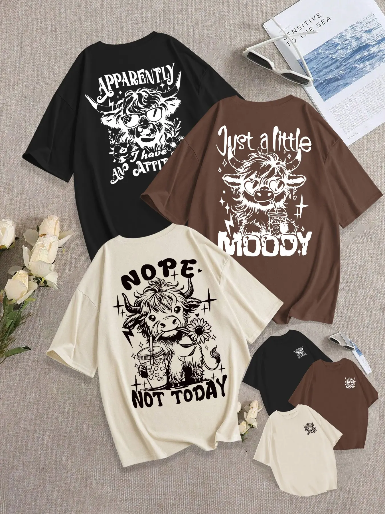 Women's Breathable Casual T-Shirt, Loose-Fit Round Neck Design, Cute Bull Print, Perfect for Daily Wear, Fashionable Comfortable Top, 3-Pack