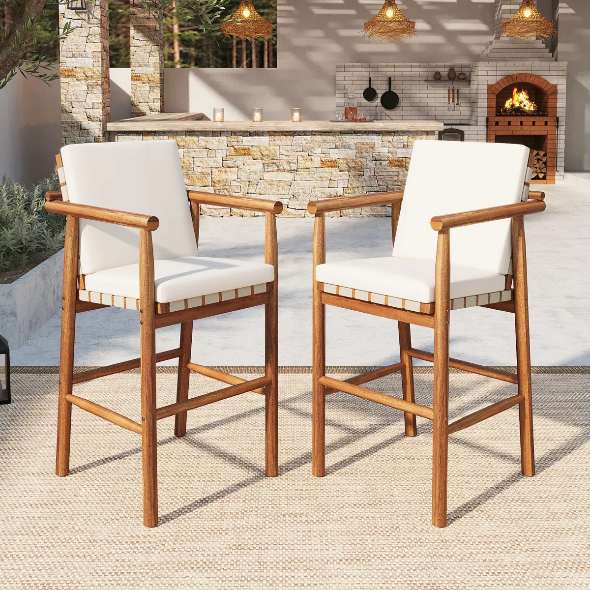Outdoor Counter Height Bar Stools Chair Set of 2, Modern Patio Acacia Wooden Stools with Backrest Arm and Webbing Seat, for Patio, Pool, Garden, Beige Cushions Included,400LBS Heavy Duty Bar Stools