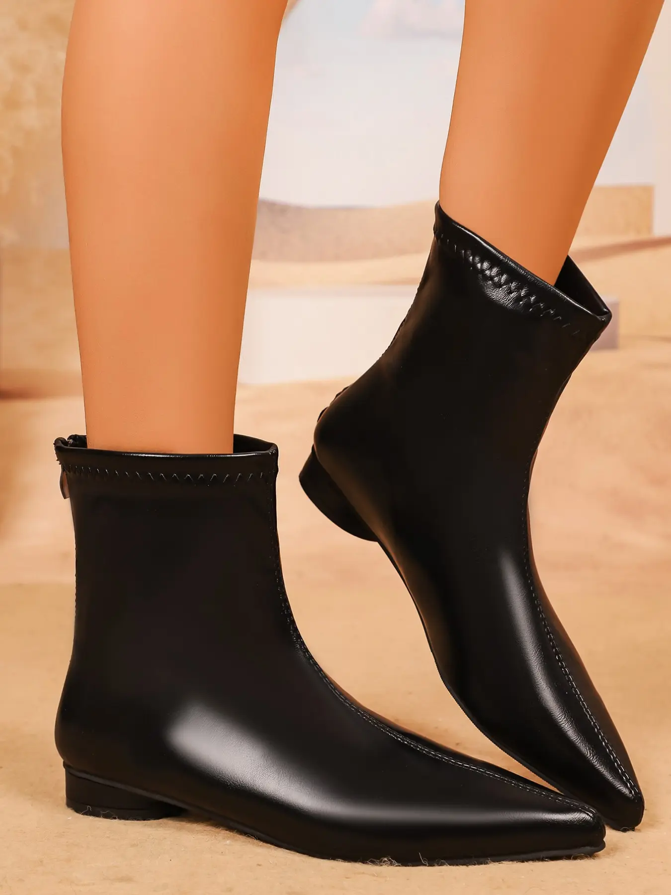 Women's Soft Leather Ankle Boots, Breathable Pointed Toe Low Heel, Zipper Closure, Simple Design, Easy to Wear