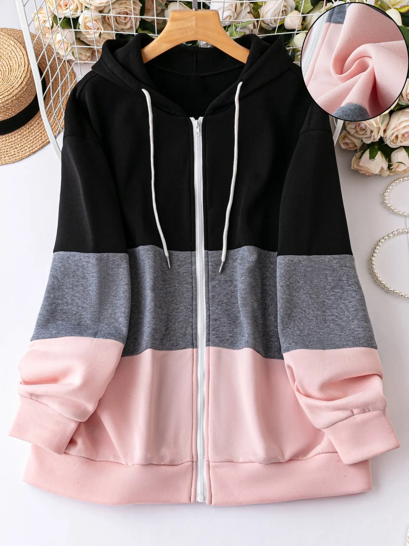 Plus Size Women's Hooded Long Sleeve Patchwork Zipper Sweatshirt, Loose Fit Conceals Belly, Casual Daily Wear, Versatile