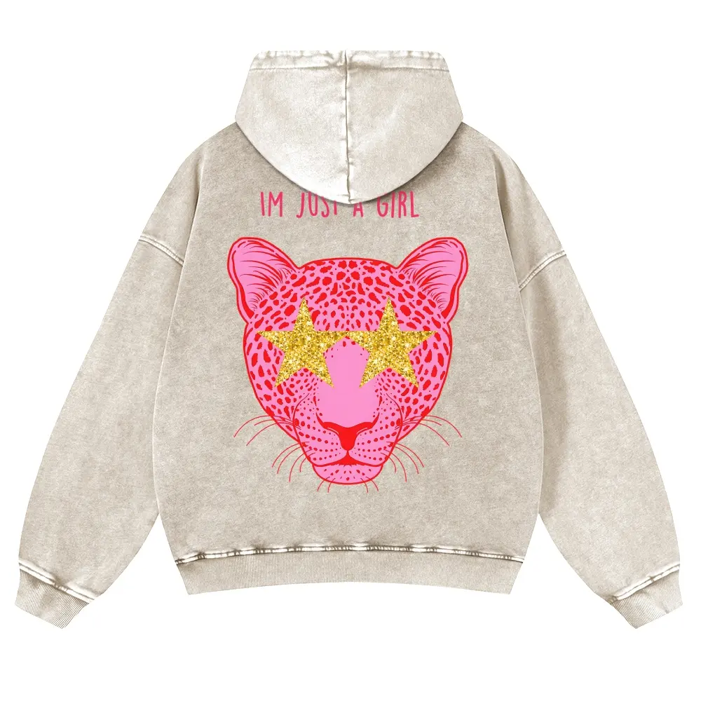 Men's Multi-Size Vintage Mineral Wash Thick Cotton Long-Sleeve Graphic Hoodie - "I'm Just A Girl" Pink Leopard Glitter Star, Coquette Aesthetic Oversized Casual Spring Streetwear Pullover, Tops Sweatshirts for Jeans Pairing