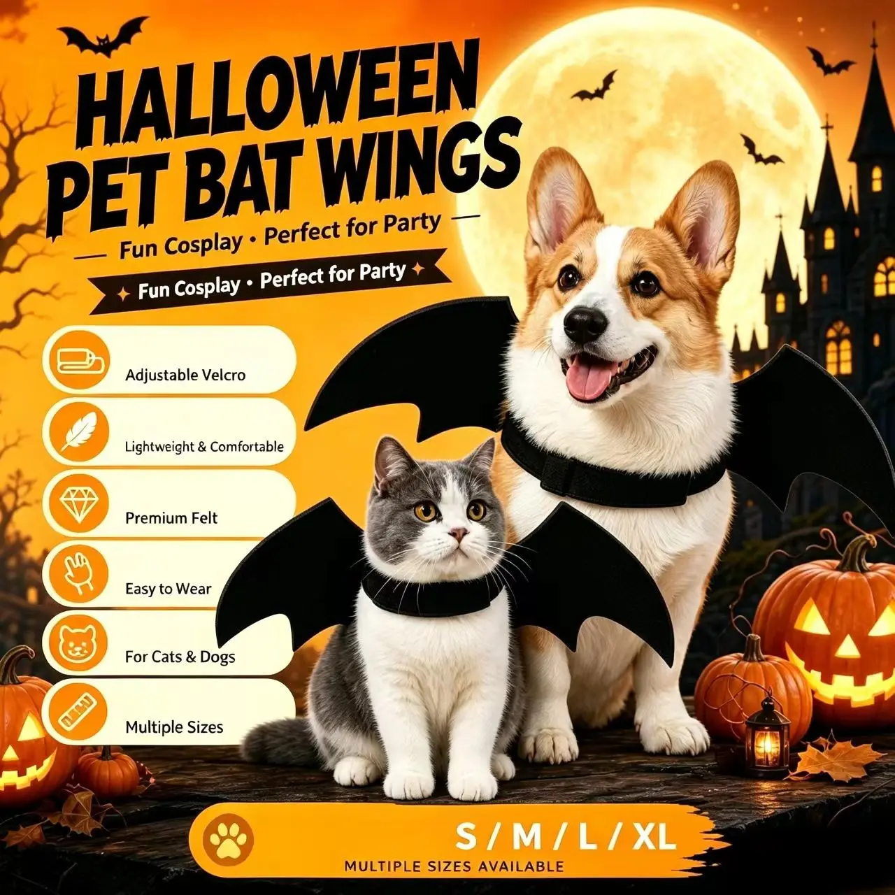 Halloween Felt Bat Wings for Small Dogs and Cats, Fun Party Accessories, Funny Decoration Props, Perfect for Halloween Celebrations