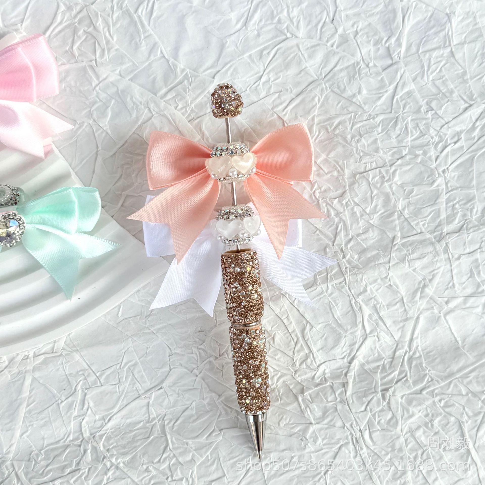 French-style candy-colored beaded bow accessory with rhinestones, satin double-layer bow accessory, beaded pen accessory, decorative piece