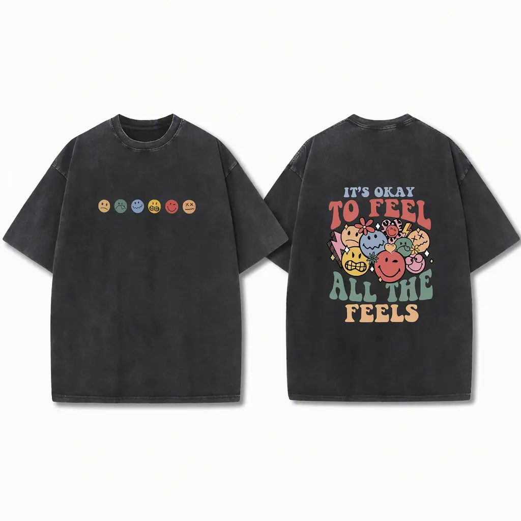 Menswear Retro Mental Health T-Shirt - Unisex Preppy Oversized Round Neck Short Sleeve Tops, Washed Smiley Graphic Casual Streetwear, "It's Okay To Feel All The Feels" Print Men's Graphic Tees, Tshirt, Oversized Tshirt Women, Funny Graphic Tee