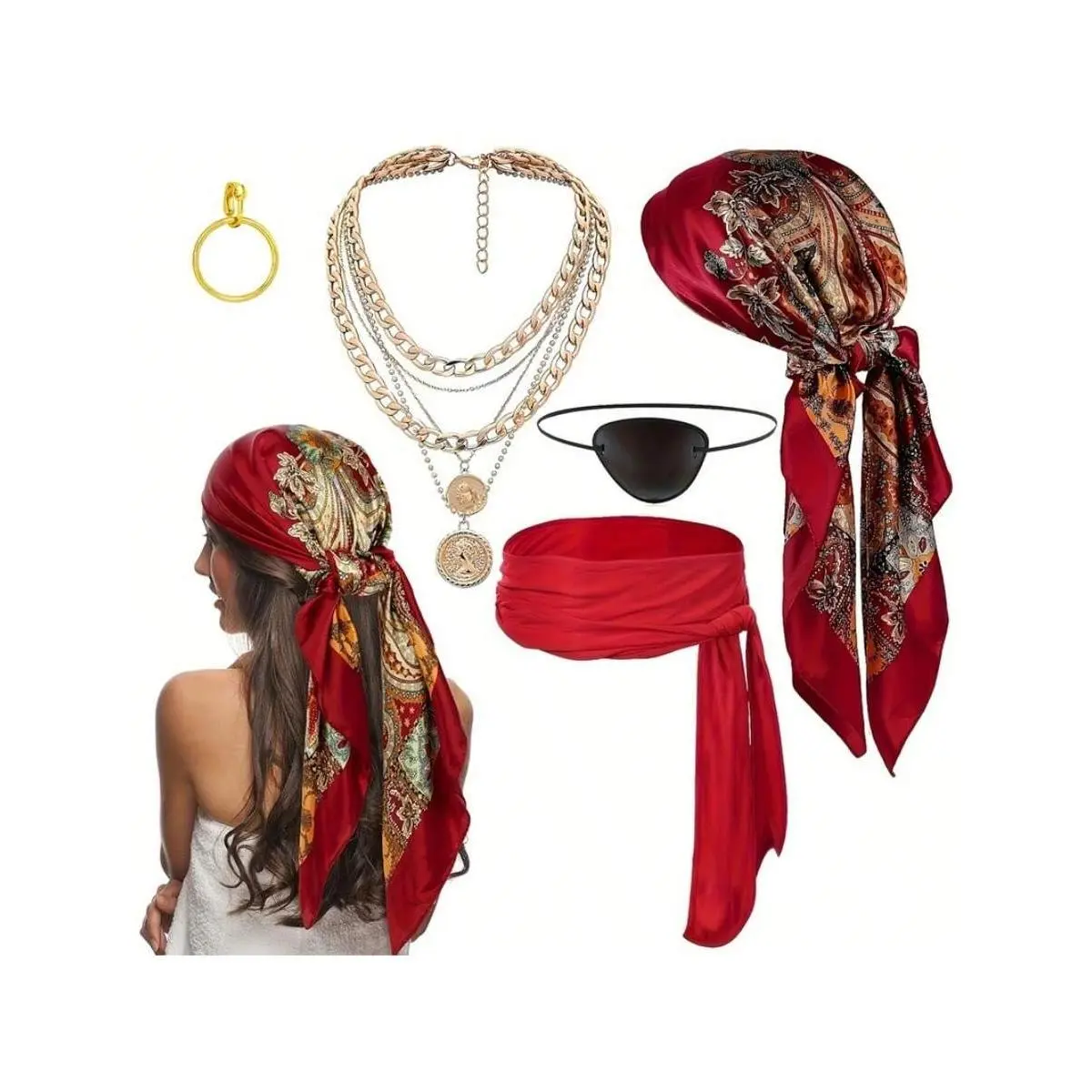 5pcs Pirate Costume Accessories Set For Women: Pirate Hat, Head Scarf, Sash,Belt
