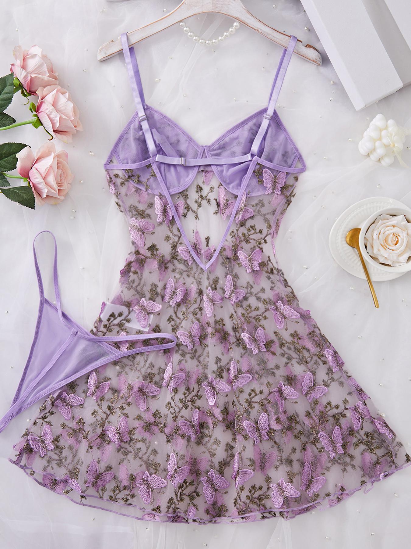 Women's Butterfly Embroidery Cami Nightdress & Thong Sexy Feminine Lingerie Set Underwear, Comfy Fitted Elegant Nighty Dress Set, Ladies Sleepwear for All Seasons
