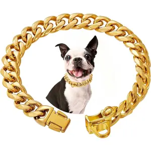 Stainless Steel Silver Gold Dog Collars with Safety Buckle Lock,18K Cuban Link Chain Training Collar,15MM Strong Dog Necklace Heavy Duty Chew Proof for Small Medium Large Dog