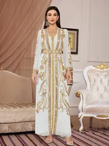 Heavy Gold Sequin Embroidered Two-Piece Muslim Robe, Dubai Open Front Party Dress, Elegant Maxi Long Sleeve Gown