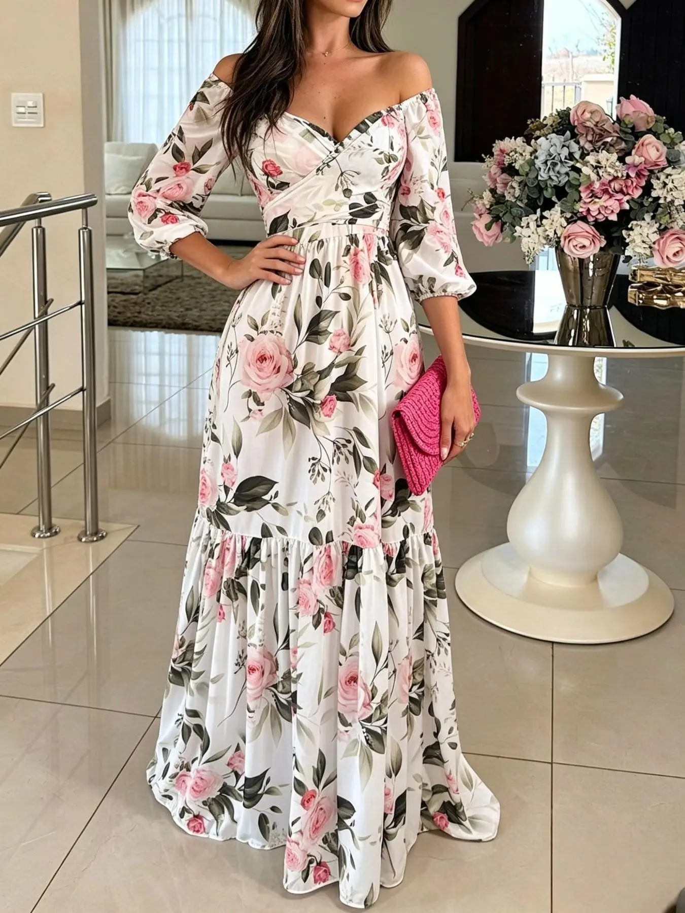 2026 New French Print Fashion V Neck Long Dress, High-End Unique Luxury Design Print Party Gown, Elegant and Chic Style