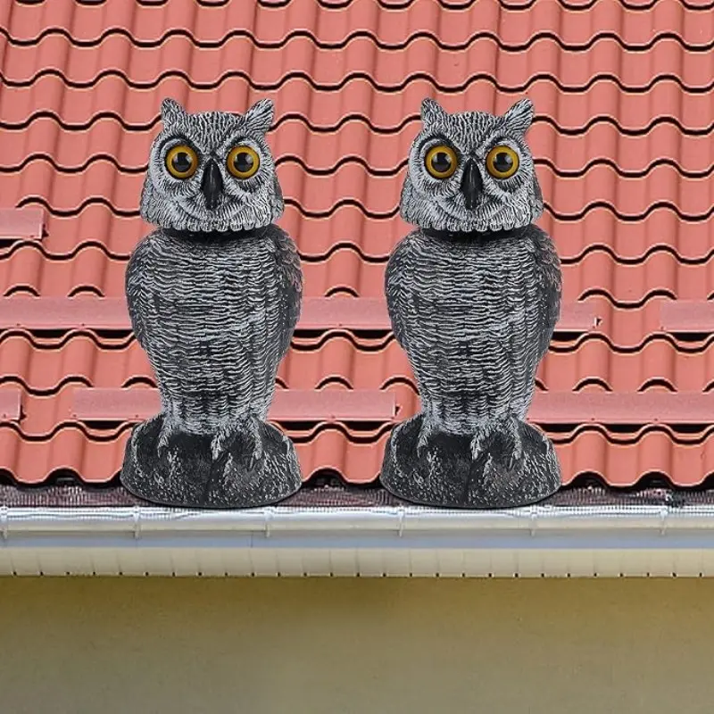 2 Pack Fake Owl Decoys to Scare Birds Away, Rotating Head Plastic Owl Bird Deterrents, 10.6 Inch Height Bird Scarecrow Nature Enemy Horned Pest Repellent for Outdoor Garden Yard