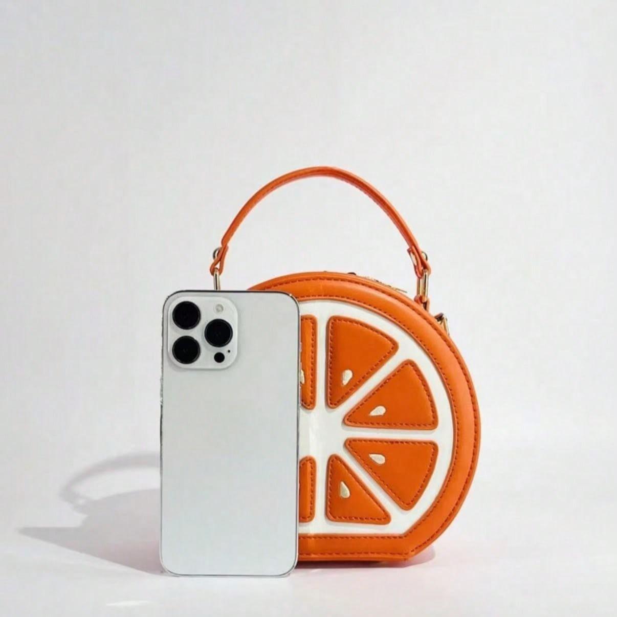 Fashionable Fruit Pattern Crossbody Bag, Orange Design Glitter Splice Shoulder Bag For Women Y2k Style Handbag for Student, Traveling, Party and Daily Outgoing