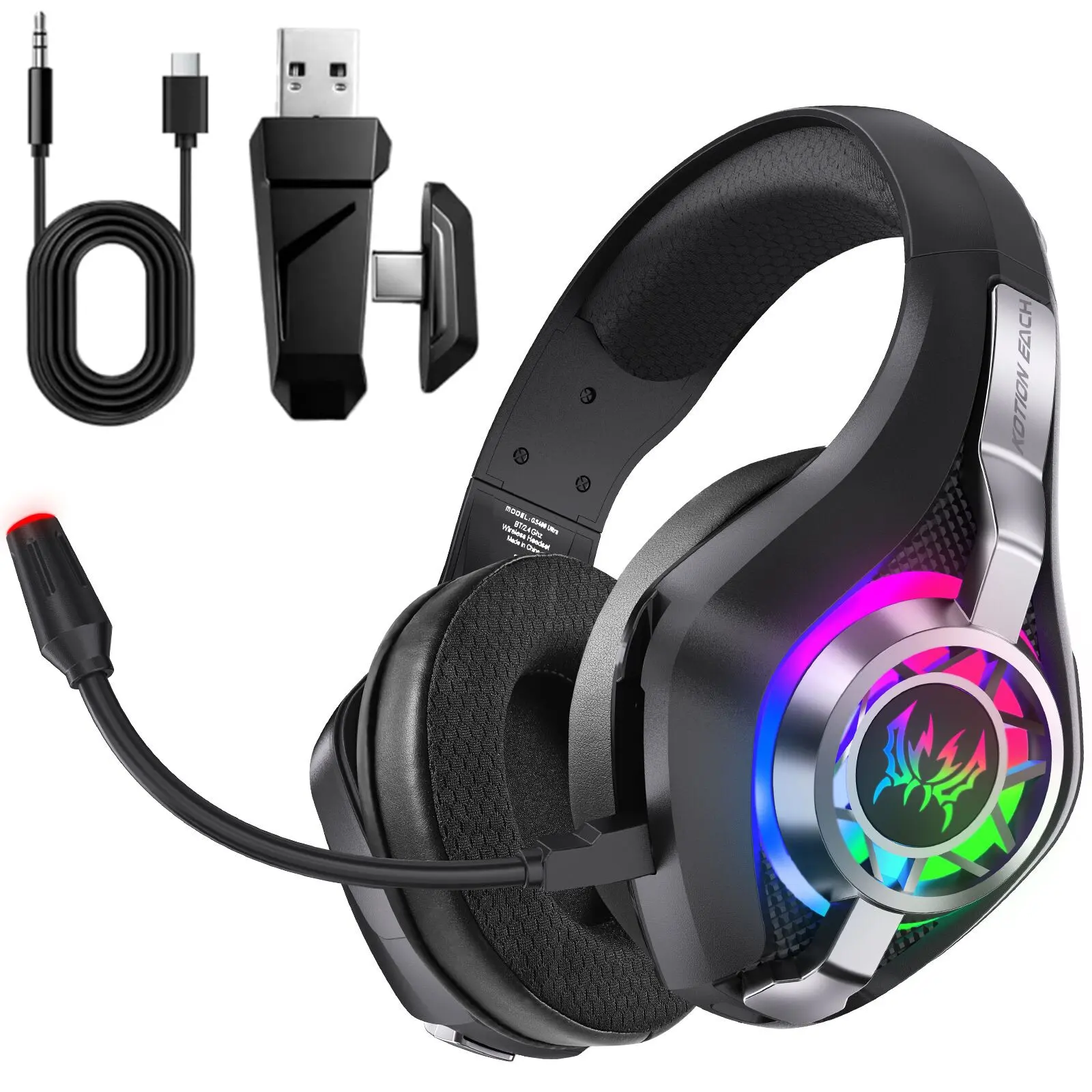Gs400ultra Gaming Headset, 2.4g Wireless Bluetooth-compatible, 3.5mm Wired, Low Latency, RGB Lights, Noise Cancellation, Flexible Mic, 40mm Driver, 40 Hours Battery