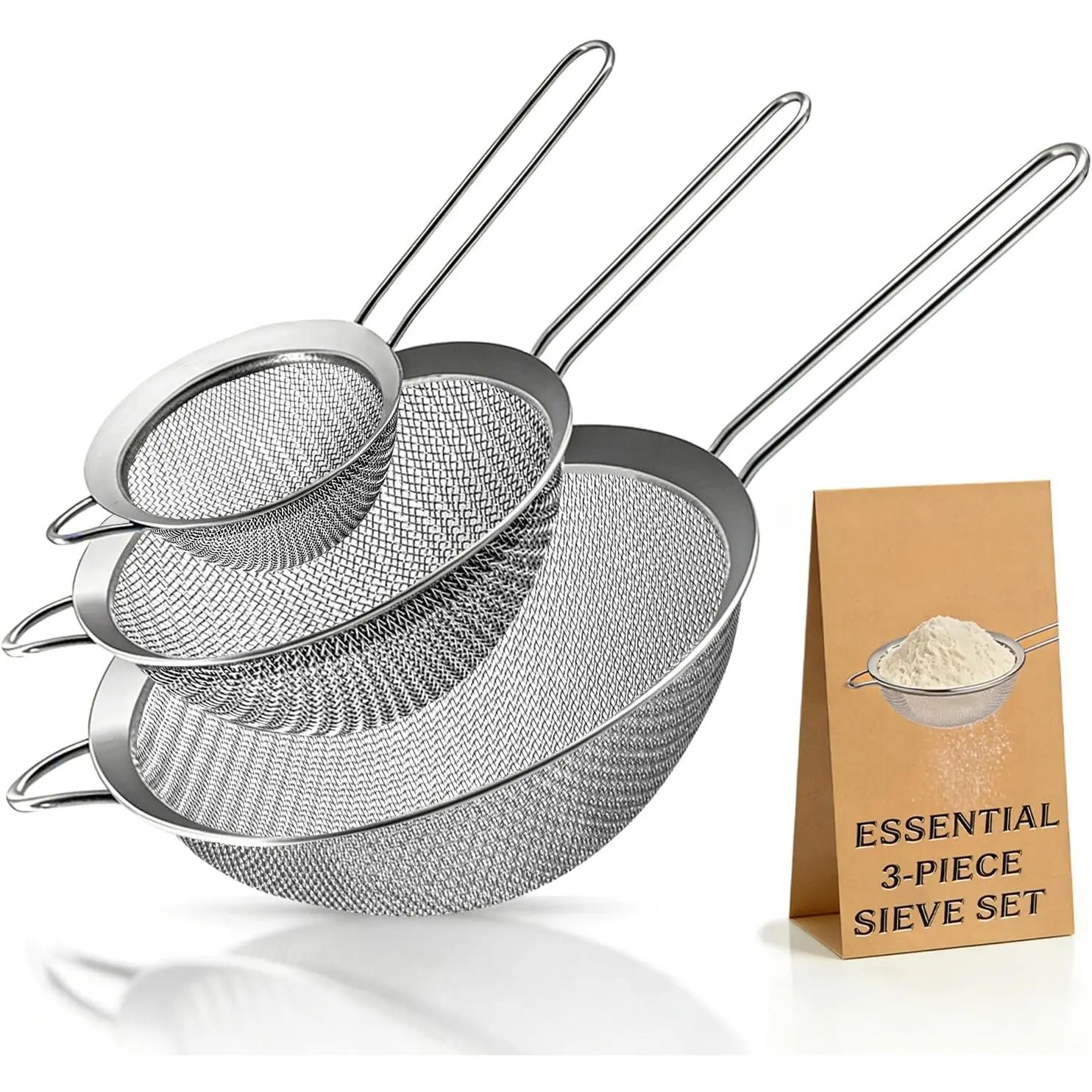 Premium Stainless Steel Fine Mesh Strainer Utensils Set (3-Piece: 3.15in, 5.5in, 7.87in), Durable Mesh & Sturdy Handle, Ideal for Sifting Dry Ingredients, Flour