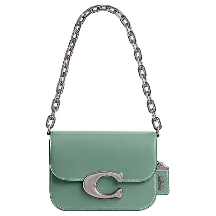 COACH Idol 21 Crossbody Handbag for Women – Silver Logo Chain, Magnetic Closure, Saffiano Leather, Aquamarine