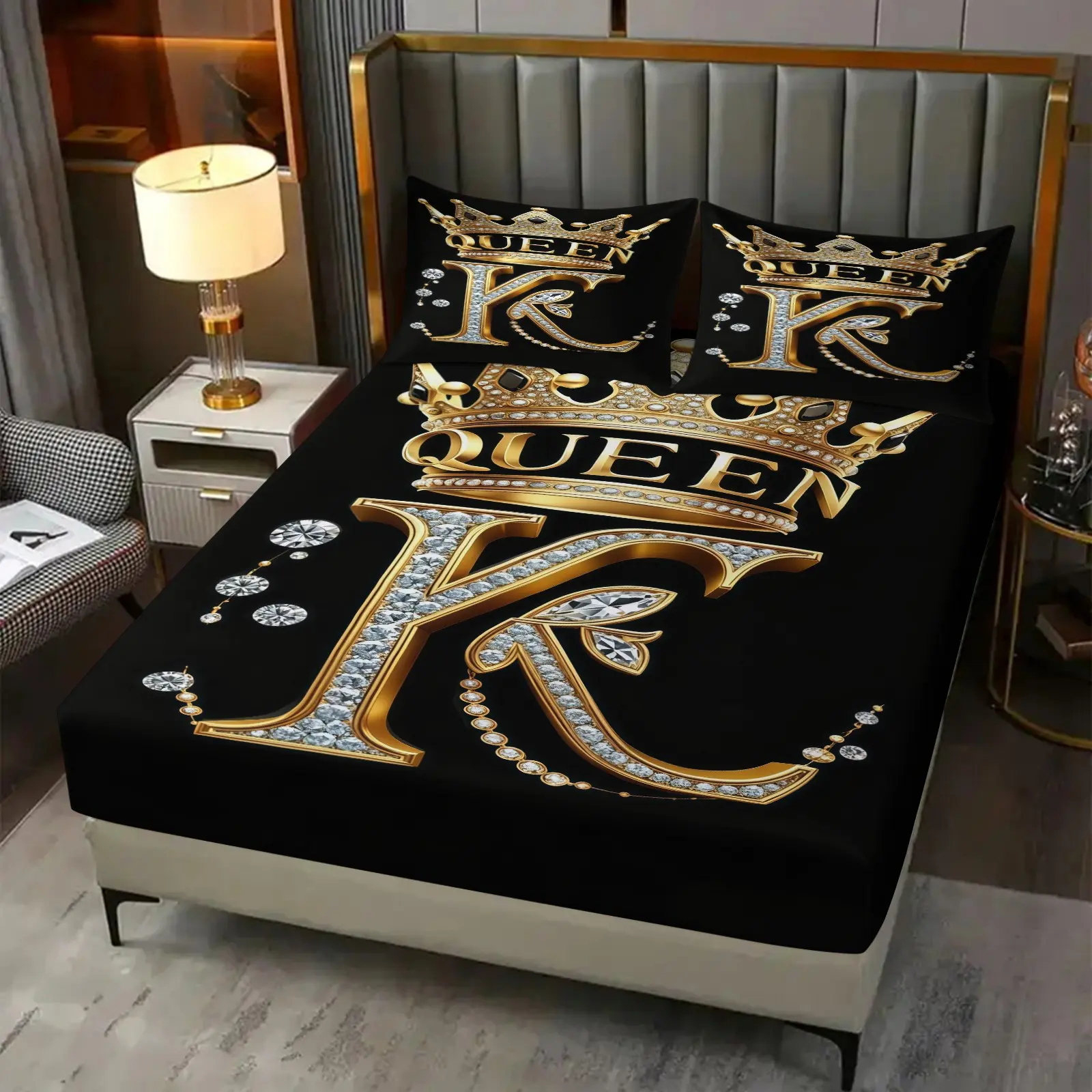 Gorgeous King Queen Crown Pattern Fitted Sheet, Soft And Comfortable Bedding Set (1 Sheet + 2 Pillowcases, No Pillow Insert), Suitable For Bedroom, Dormitory And Guest Room Decoration For Teenagers And Adults