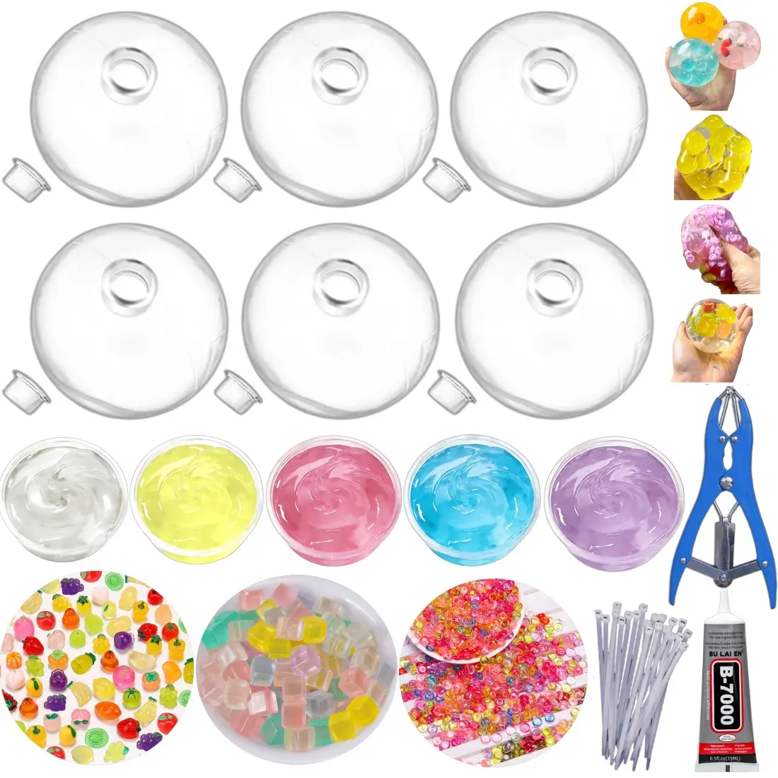 DIY ball skin squishy Kit, Includes 5 Slime Boxes, 3 Filler Packs, 6 Transparent Skin Balls, 15ML Glue, Expansion Tool, Adult Relaxation