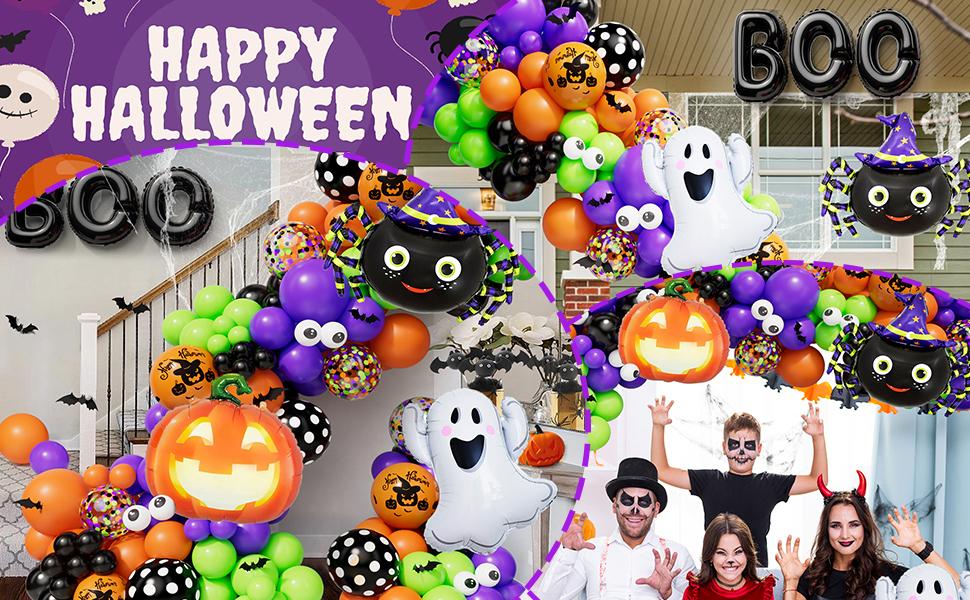 J.C HalloweenBalloonGarlandArchKit144PCSwithGhostPumpkinSpiderBOOFoilBalloonBlackOrangeGreenPurpleBalloonsforHalloweenDecorationsBalloonsPartySupplies
