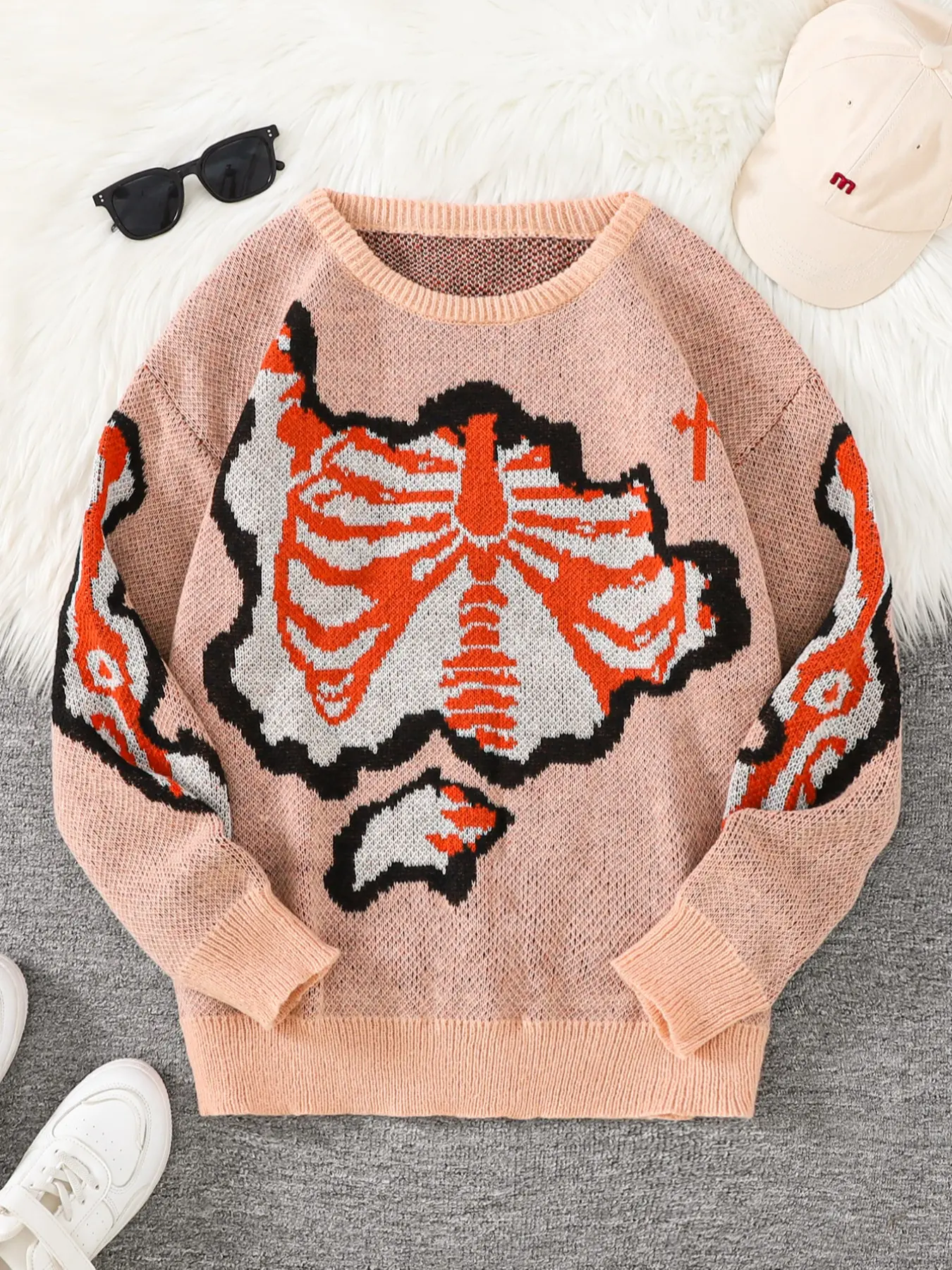 Men's Skull Print Knit Sweater, Knitwear, Casual Autumn/winter Fashion, Street Style Design, Perfect for Daily Wear & Gifts