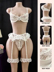 Romantic Midnight Floral Embroidered Lace Mesh Lingerie Set, Adjustable Straps and Thigh Bands, Comfortable Women's Underwear   clean girl style clothes haul curvy