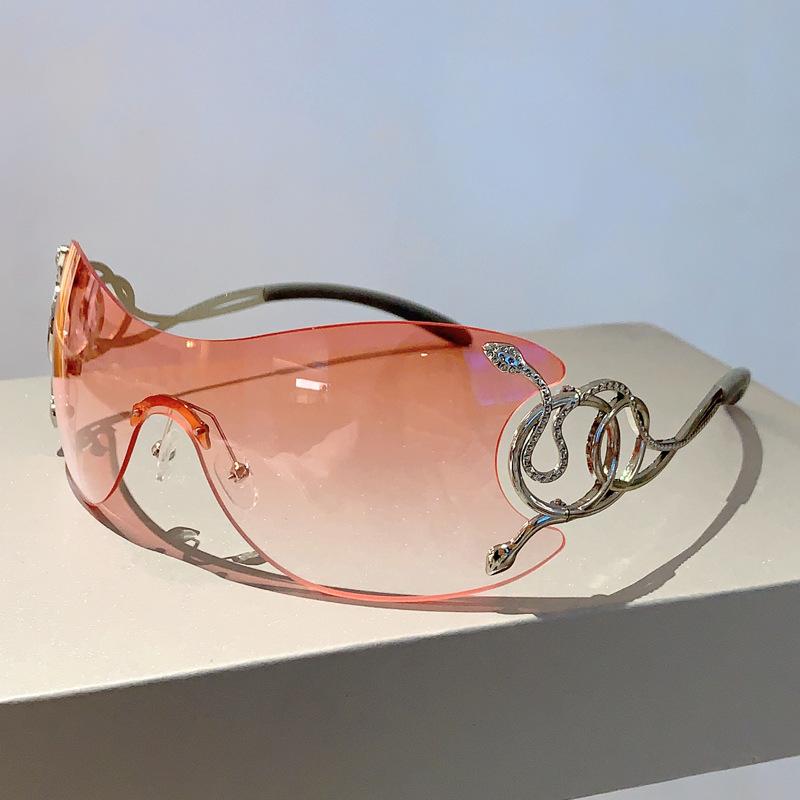 Y2K Rimless Luxury Brand Designer Sunglasses Women For Men One Piece Trendy Oversized Sun Glasses Metal Snake Pink Punk Shades durable