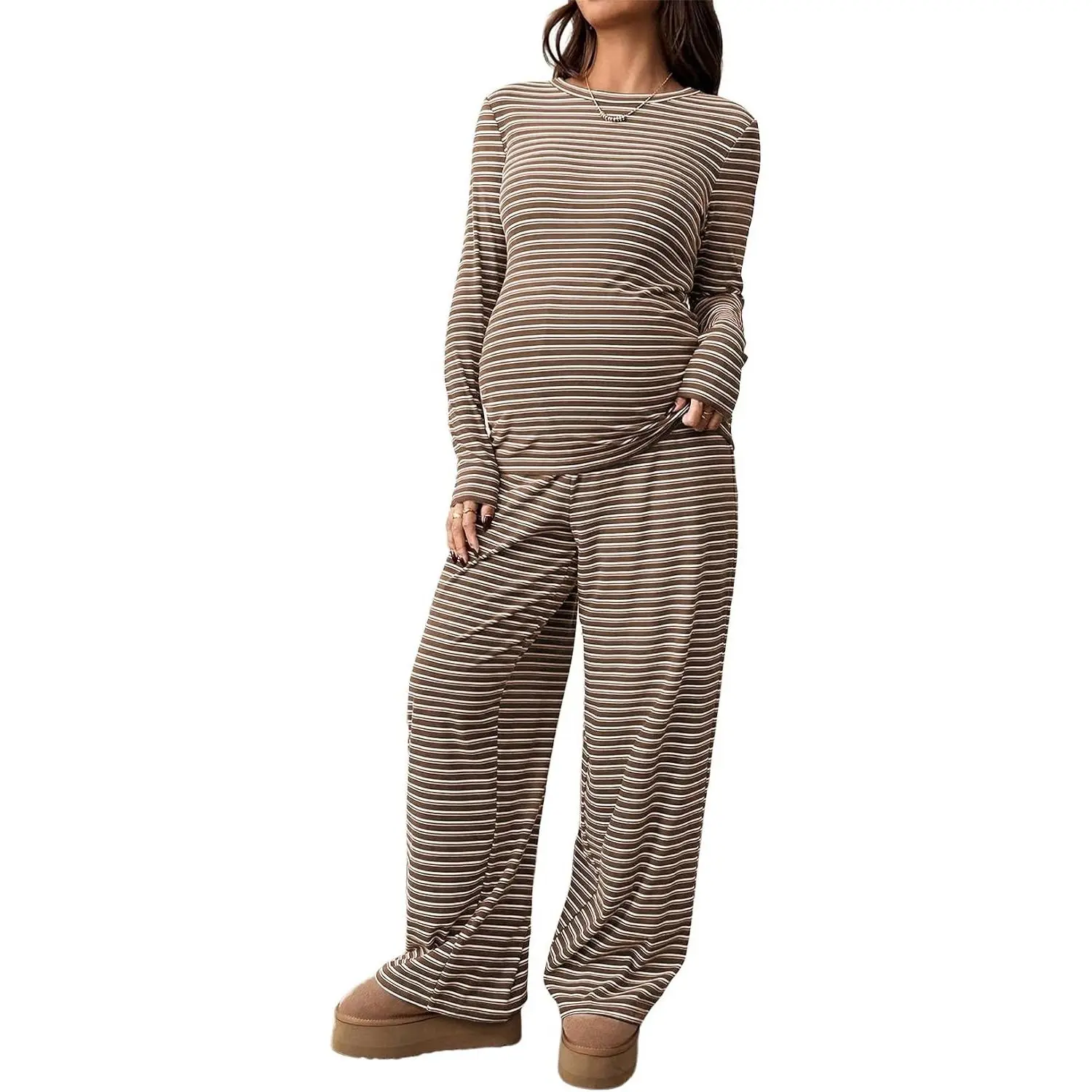 Maternity 2 Piece Outfits Striped Long Sleeve Pregnancy Set Cozy Lounge Sleepwear for Pregnant Women Autumn Home Baby Shower Relaxed Matching Outfits with Pockets