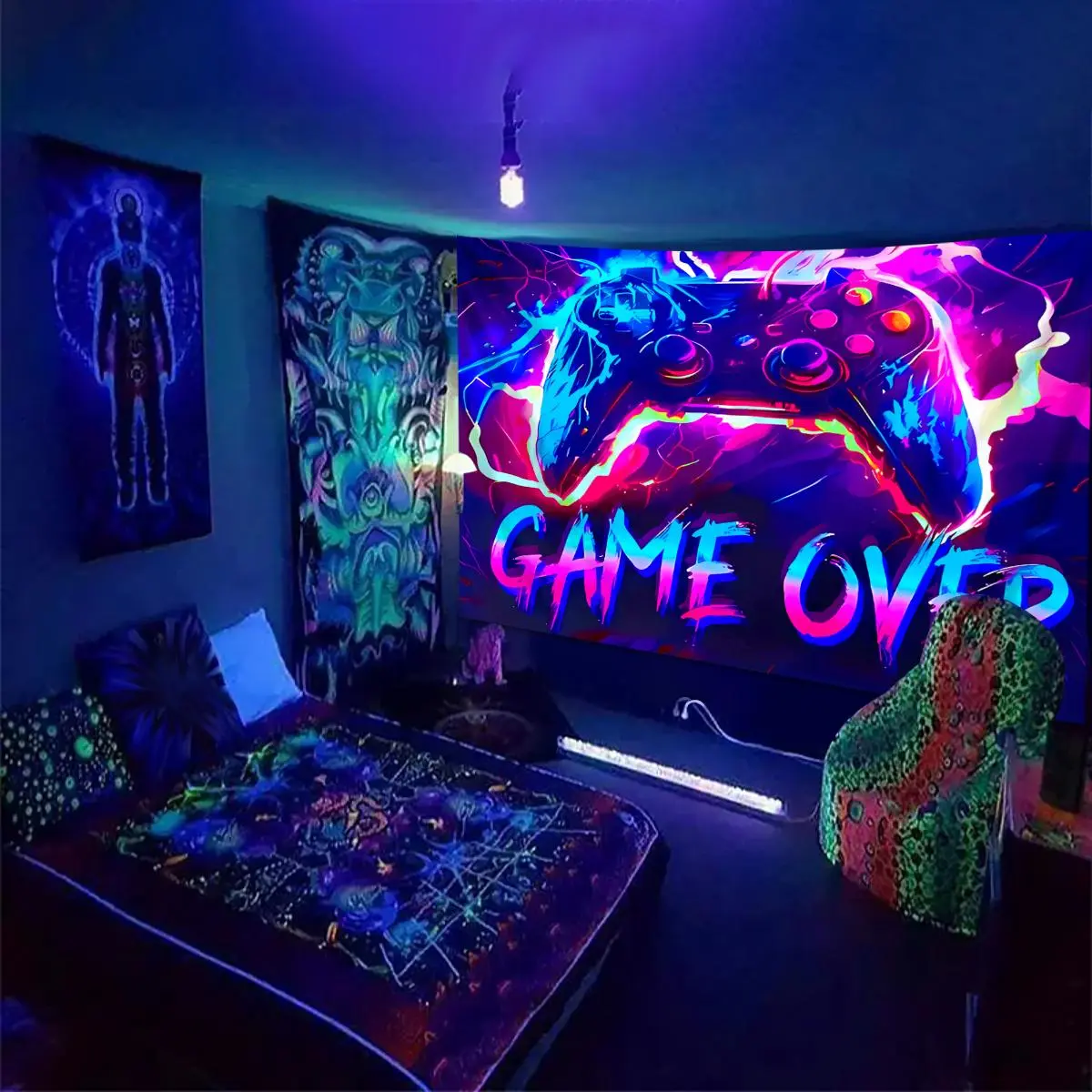 Game Controller Pattern Tapestry, 1 Count UV Reactive Black Light Tapestry, Oversized Decoration Background Wall Hanging for E-sports Room Bedroom Dormitory