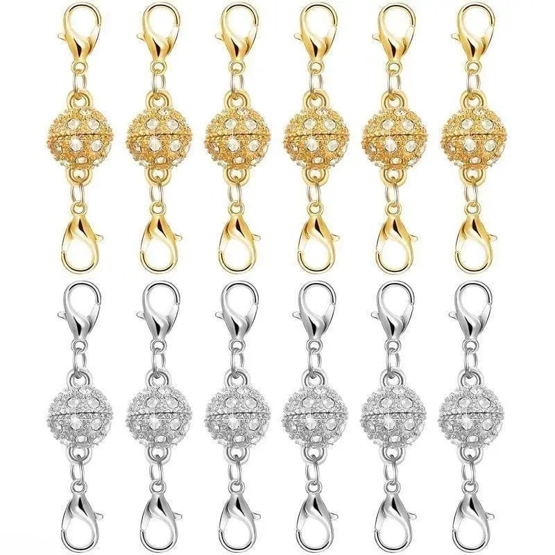 12Pcs Strong Secure Hold Magnetic Necklace Clasps & Extenders, Gold Silver Plated Stainless Steel Rhinestone Charm Closures, No Tools Needed Adjustable Metal Chain Fittings for Jewelry Making Repair, Perfect DIY Craft Gift For Her
