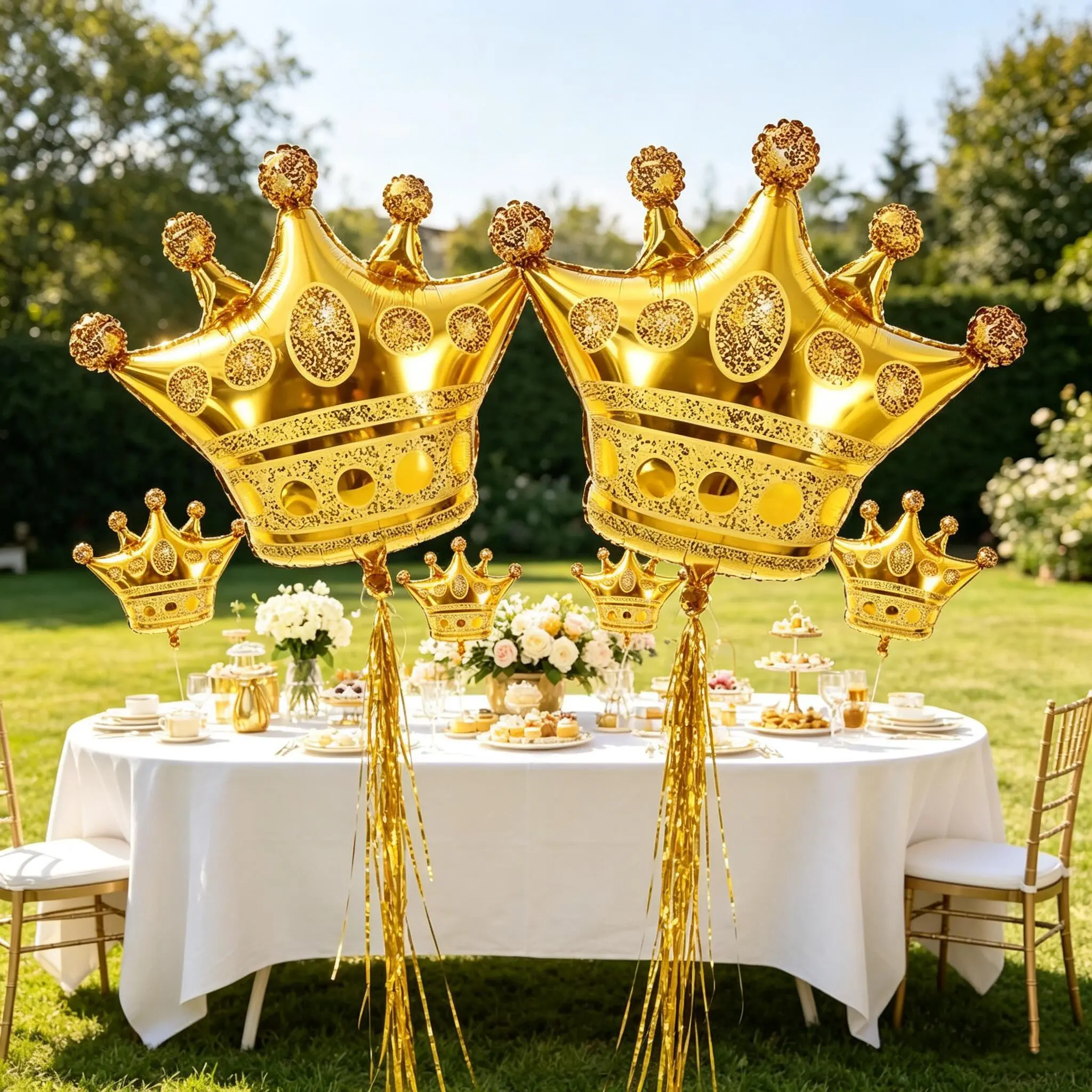 7Pcs Gold Crown Foil Balloon Set, 6 Gold Crown Balloons with 1 Gold Fringe Tinsel, Backdrop Decor Supplies for Wedding, Bridal Shower, Engagement, Bachelorette, New Year & Birthday All Occasion Party