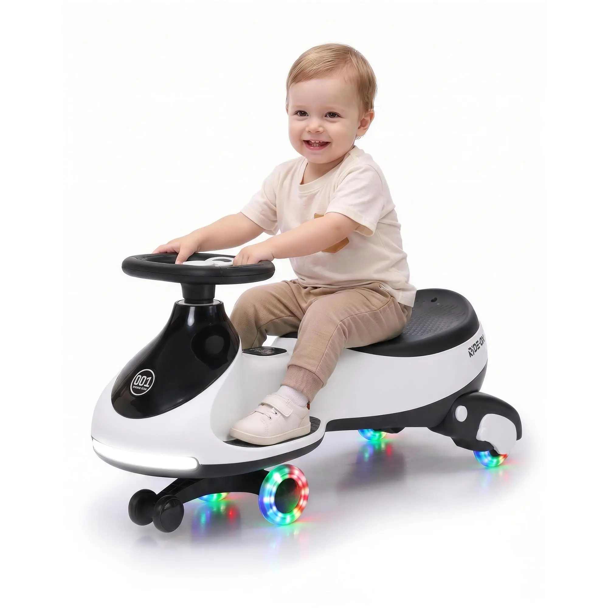 2-in-1 Electric Wiggle Car for Kids - 12V Ride-On Swing Car with 360° Steering, Pedal Go Kart Function, Flashing Wheels, Rechargeable, Anti-Rollover, High Weight Capacity, Music, Indoor Outdoor Toy, White