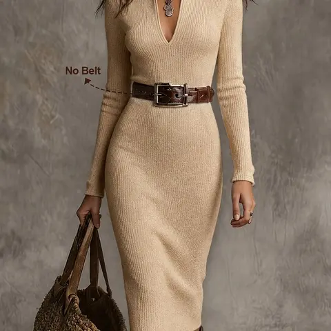 Elegant Midi Knit Dress, V-Neck Long Sleeve, Solid Color, Fall Winter New Arrival, Versatile for Office, Dates, Parties, Travel, Elegance
