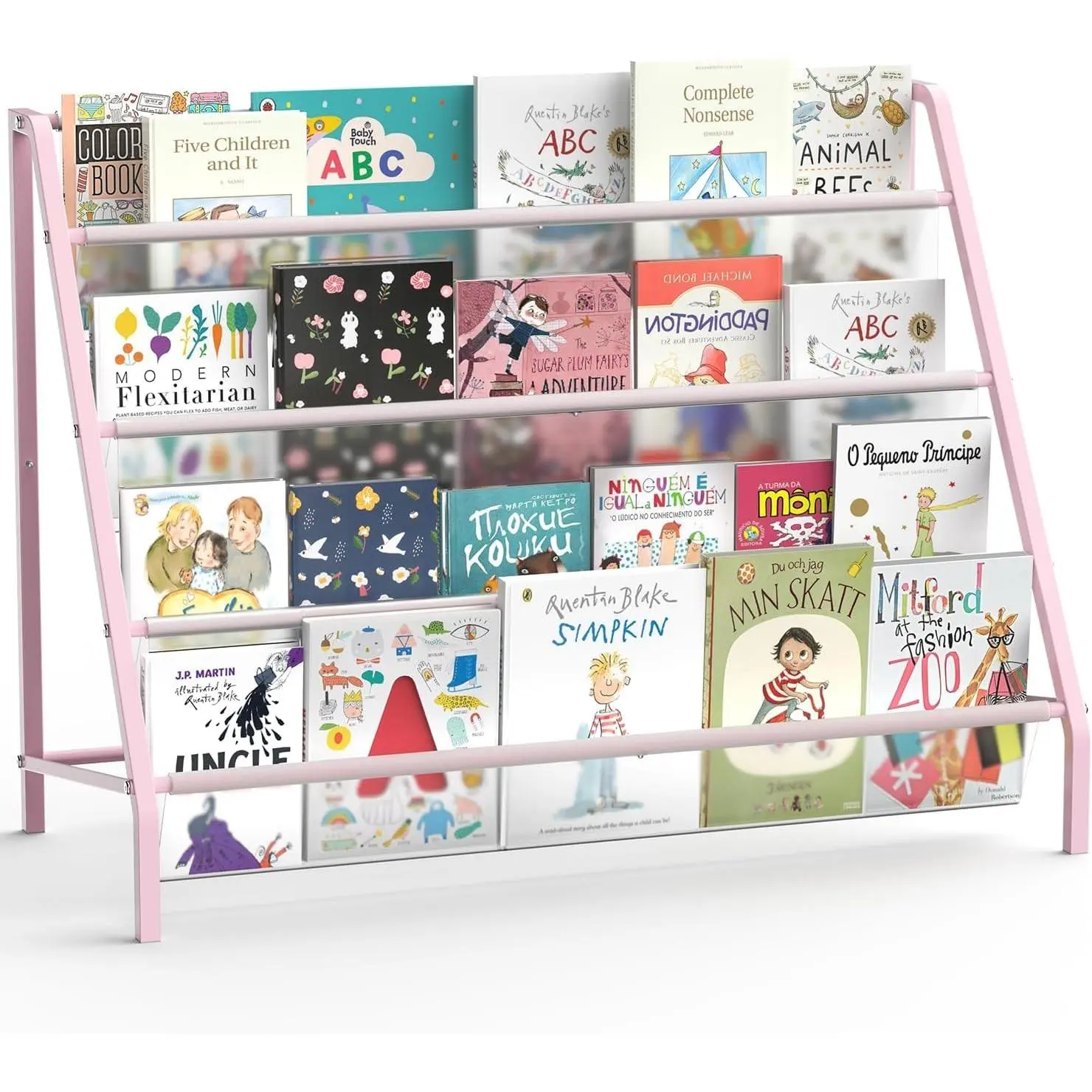 High-Transparent 4 Tier Kids Bookshelf, Sturdy Metal Large Size Book Rack Storage for Kids - Toddler Book Shelf Display for Nursery, Kids Room, Deep Size Bookshelf Hold More Books, Pink