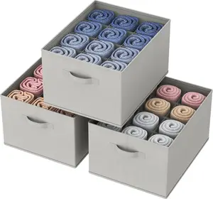 3-Pack Foldable Clothes Organization Storage Bins, 12-Compartment Closet Organizer with Built-in PP Board, 17" x 13" x 9.5" Quick-Install Grid Box for Pants, Sweaters, Wardrobe Shelf Dividers