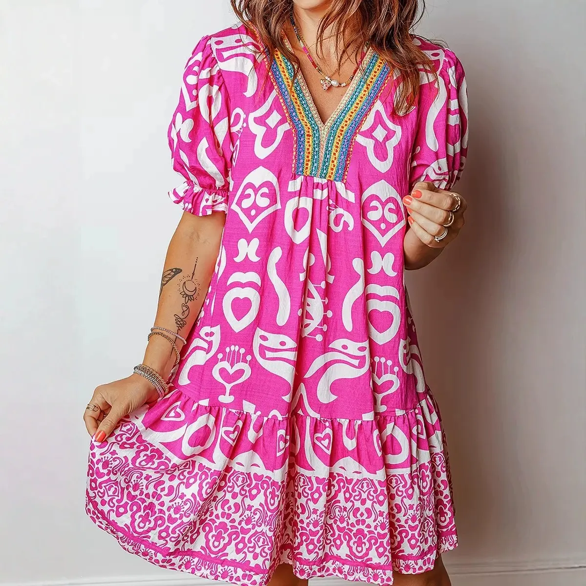 Women's Casual Summer Floral Print Boho Hippie Ethnic Short-Sleeve V-Neck Tiered Ruffle A-Line Swing Dress, Going Out Womenswear (Regular Fit), Hippie Style, A-Line Dress, Tiered Ruffles, V-Neck Cut, Boho Style, Bohemian, Casual Wear, Short Sleeves