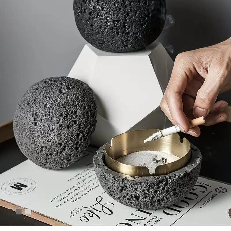 Nordic Industrial Style Ashtray, Handcrafted Natural Texture, Detachable Stainless Steel Bowl, Easy Clean, Ideal Gift for Father's Day, Christmas
