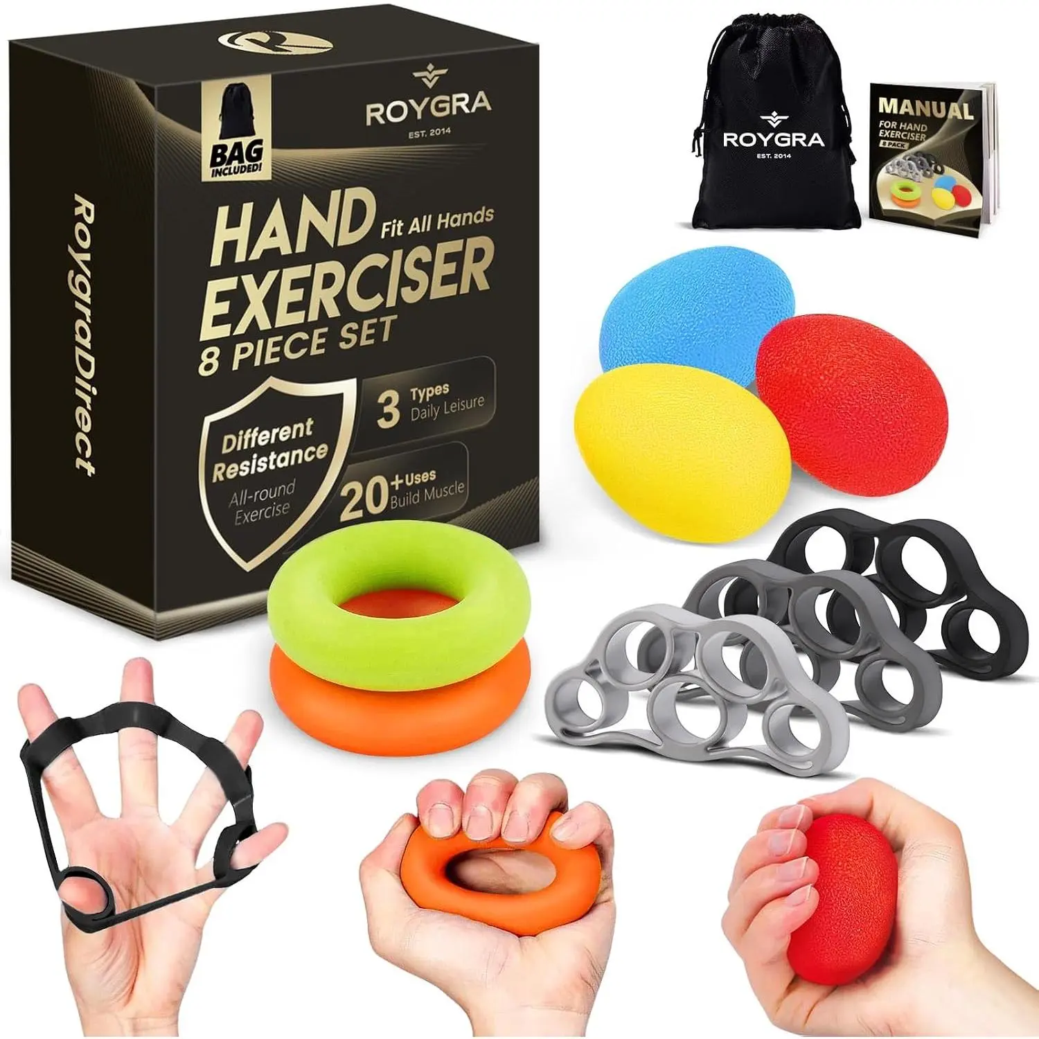 Grip Strength Trainer (8 Pack), Forearm Strengthener, Stress Balls for Adults, Hand Strengthening Devices, Wrist Finger Strengthener, Physical Therapy Exercise Equipment, Golf Baseball Climbing