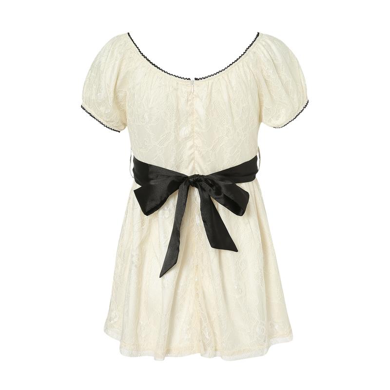 Women Long Tops, Patchwork Short Sleeve A-line Shirt Vintage Girl Lace Holiday Streetwear