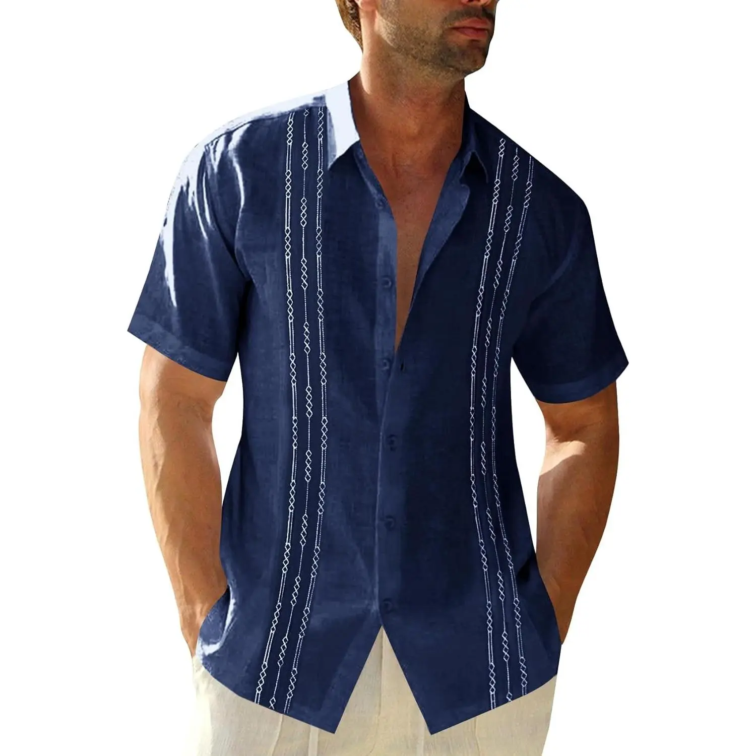 Men's Short Sleeve Guayabera Shirt - Linen Cotton Blend Cuban Button Down, Embroidered Mexican Style, Loose Fit, Barong Tagalog, Summer Beach Wedding CasualGift