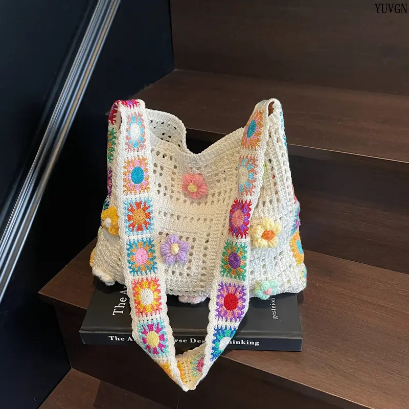 Handmade Vibrant Floral Crochet Tote Bag - Colorful Granny Square Wide-Strap Shoulder Bag for Beach Travel Daily Sports & Outdoor Storage Accessory