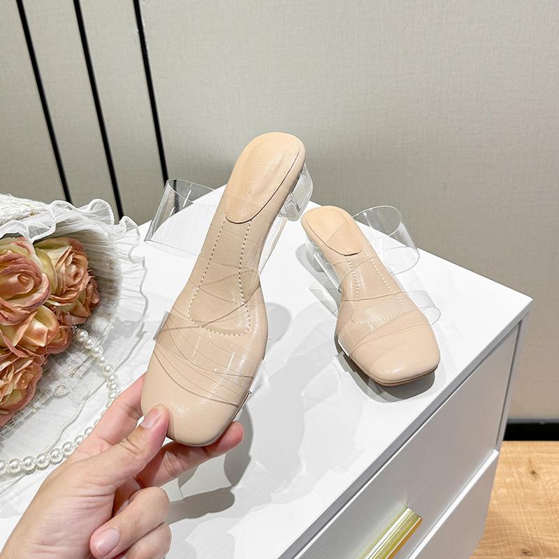 Sheepskin Version Transparent Crystal High Heeled Sandals Cushy Feel Summer Transparent Strap Square Toe High Heeled Shoes
