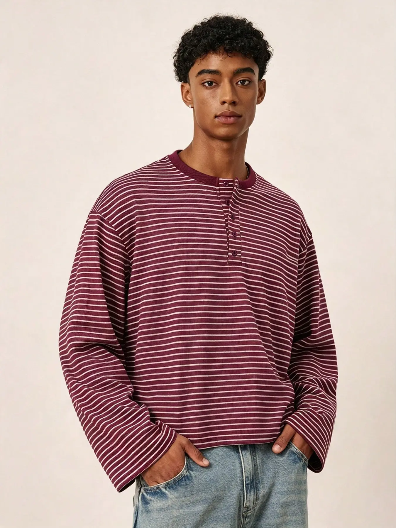 Men's American Vintage Burgundy Striped Henley Long Sleeve T-Shirt, Casual Loose Fit, Streetwear, Campus Style, Holiday Gift